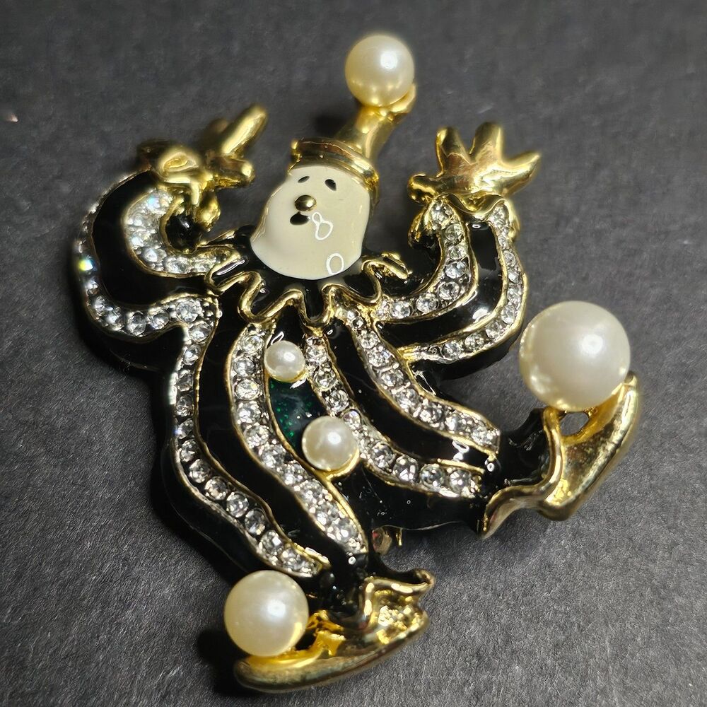 1960s Rhinestone Clown Pin w Faux Pearls and Enamel Playful Brooch
